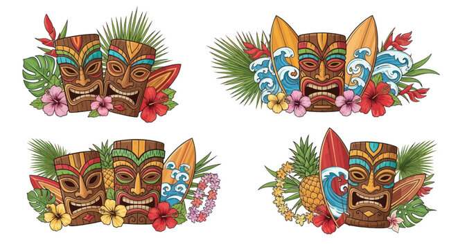 Tiki Masks, Surfboards, Tropical Flowers and Leaves, Hawaiian Island Icons