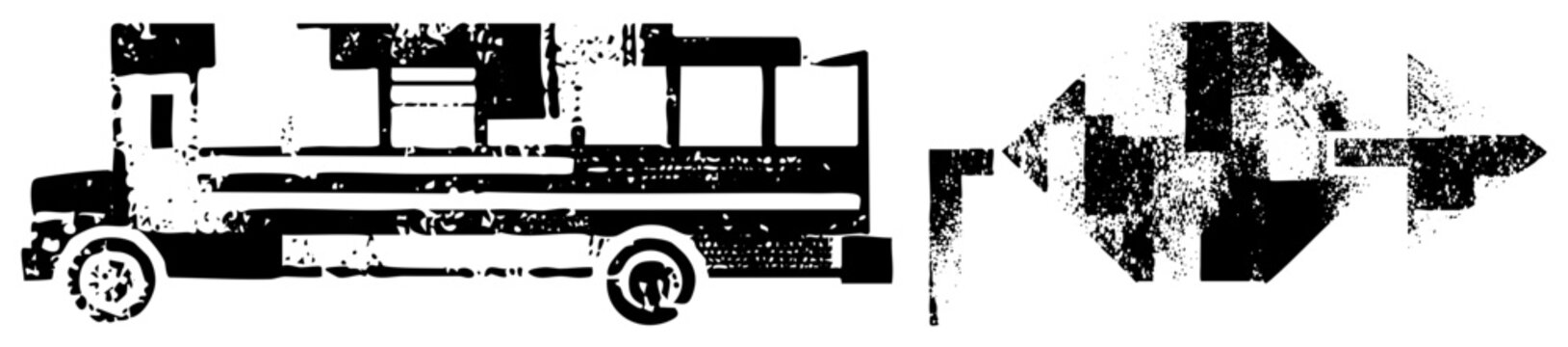 Gritty distressed food truck, also known as a snack wagon or mobile kitchen, presented in a heavy halftone stencil style. This textured street food rig features bold black ink silhouettes.