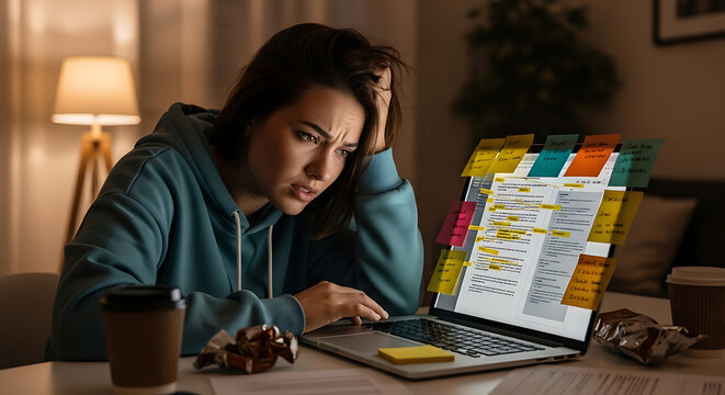 Young woman stressed with late night studying on laptop with sticky notes and coffee