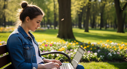 Fototapeta premium Young woman typing on laptop in sunny park during springtime with dappled light