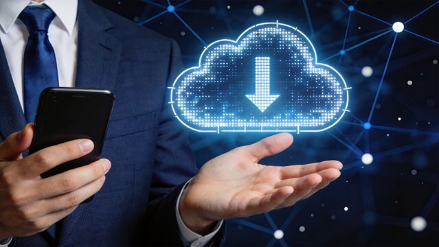Businessman holding smartphone with cloud computing download icon, data storage solution, internet server connection, digital information transfer, network technology concept,