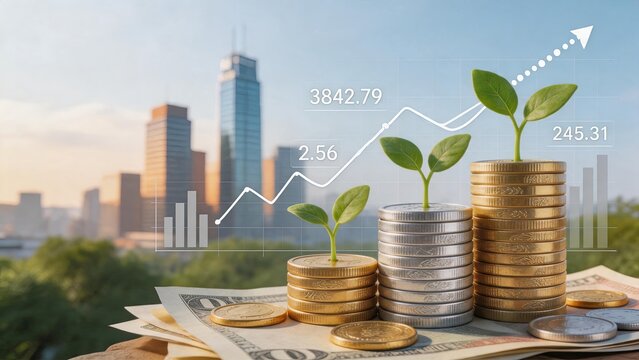 Financial growth concept with coins and plants growing on stack of money, city skyline background, investment profit increase graph overlay, wealth accumulation, economic success,