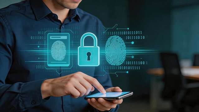Digital security concept with fingerprint scan technology, biometric authentication, data protection lock icon, cyber safety, privacy shield, identity verification, secure access