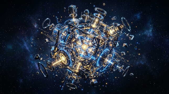 Abstract futuristic quantum computer core with glowing gold and blue geometry. Advanced technology background.
