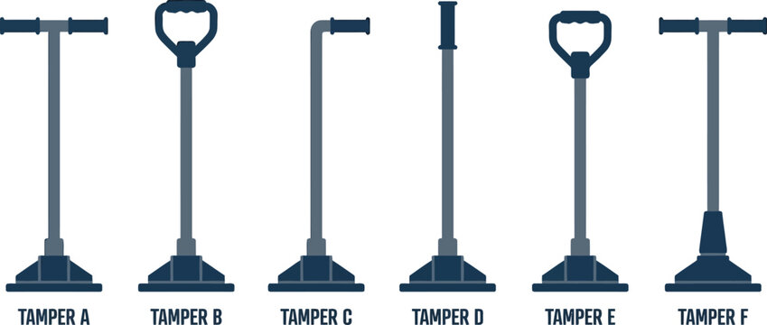 Set of various hand tamper tools flat vector illustration with different handle designs ideal for construction landscaping and DIY projects