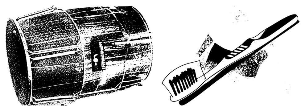 Gritty halftone percussion drum and a classic toothbrush appear in this stylized duo. This rhythmic beat maker and hygiene tool feature a rough stencil aesthetic for edgy designs.