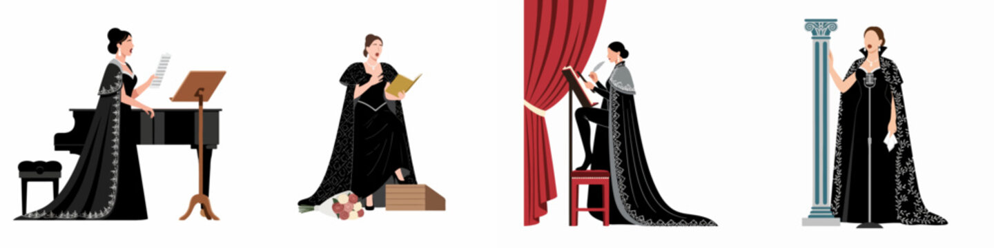 Elegant flat vector illustrations of a female opera singer in a black gown performing on stage and practicing music.