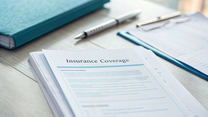 Naklejka premium Detailed Insurance Coverage Document on Wooden Desk with Stationery