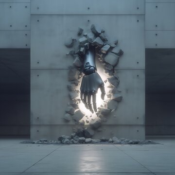 Robotic arm breaking through a concrete wall with glowing light, AI breakthrough concept