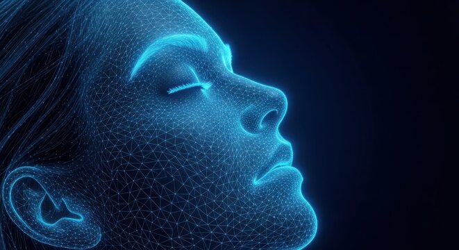 Digital human face profile with glowing blue light lines illustration