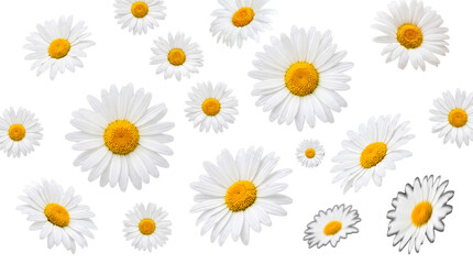 An abundance of charming white daisies with vivid yellow centers, beautifully spread out on transparent background. © Nathan