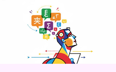 Obraz premium Artificial Intelligence Translating Languages and Understanding Communication Through a Futuristic Humanoid Head with Various Languages Floating Above