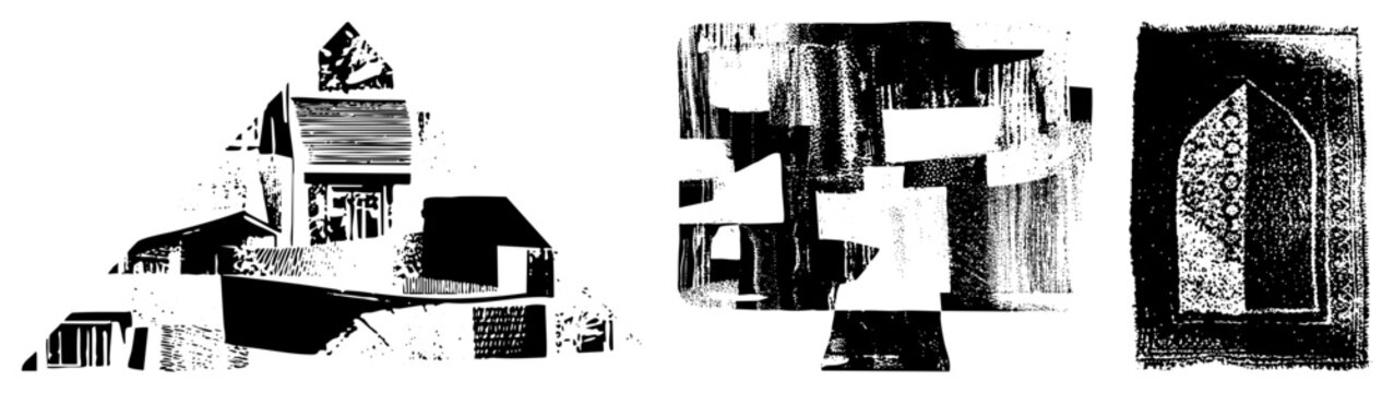 Gritty ink splashes featuring a small hamlet, urban blocks, and a textured archway. These stencil style shapes create a rugged cityscape through heavy black pigment.