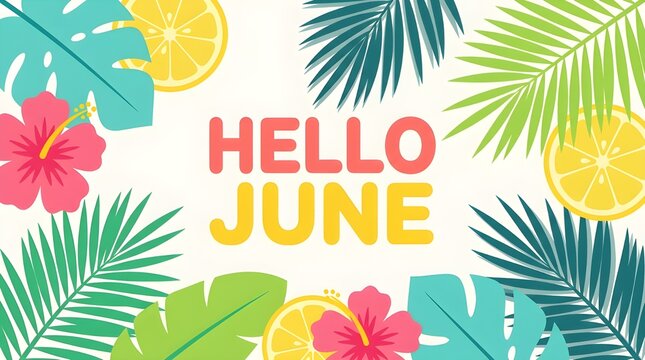 Tropical Summer Background with Hello June Text, Palm Leaves and Hibiscus Flowers