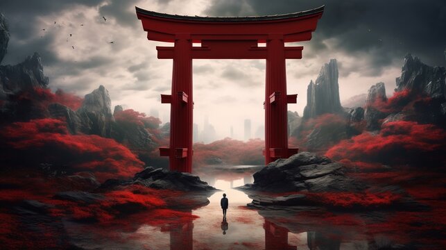 A glowing torii gate opening into another magical realm.