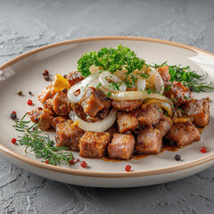 Fototapeta premium Seasoned grilled meat cubes topped with sliced raw onion and fresh parsley on a beige plate