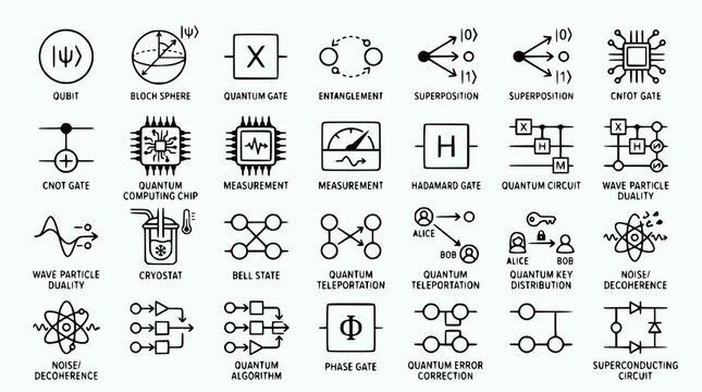 Quantum Computing Icons: Qubit, Gates, Entanglement, Superposition, Circuit, Measurement, Cryostat, Algorithm