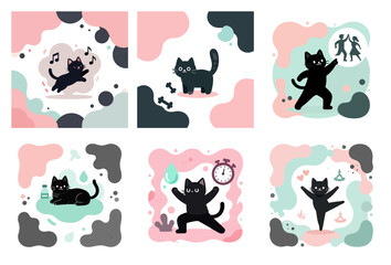 Obraz premium Vibrant abstract cardio and dance fitness illustration Cute cat guide to movement, rhythm, and energy flow in amoeba blob art style