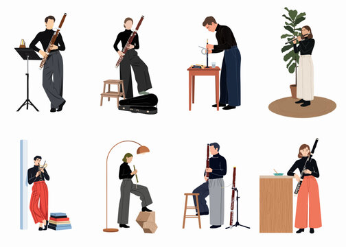 Flat vector illustrations of male and female musicians practicing and playing various woodwind instruments like bassoons, flutes, and oboes in modern settings.
