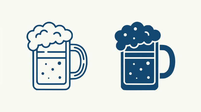 Two Blue Beer Mugs Icons: Outline and Solid Fill, Refreshing Drink Symbol