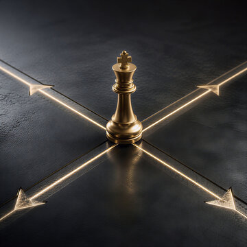 Golden chess king at crossroads with arrows representing strategic decision making