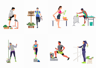 Fototapeta premium Flat vector illustration set featuring diverse people training for a marathon, stretching, practicing healthy habits, and focusing on sustainability and plant-based nutrition.