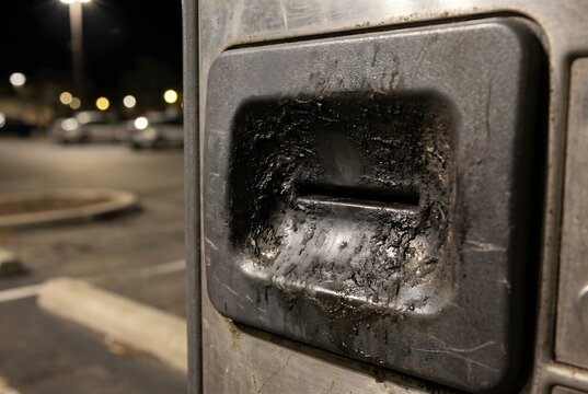 Close-up of parking payment machine coin slot indent with exhaust soot and finger grime