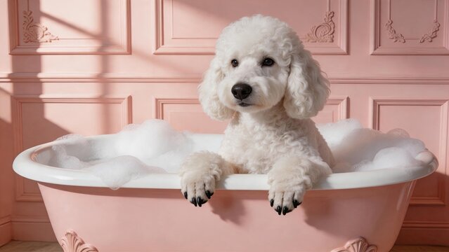 Adorable white poodle puppy sitting in a vintage pink bathtub filled with soap bubbles, looking cute and fluffy during bath time, perfect for pet care, grooming, and hygiene