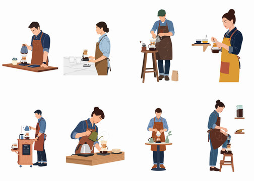 Set of professional barista characters in aprons making pour-over coffee using Chemex and kettles, flat vector illustration style.