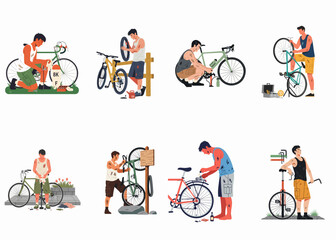 Collection of Vector Illustrations Featuring Men Repairing Different Types of Bicycles, Including Road Bikes, Mountain Bikes, and a Unicycle. © Wolu