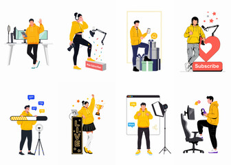 Fototapeta premium Flat vector illustration set of content creators, gamers, and influencers engaged in live streaming, podcasting, and social media activities.