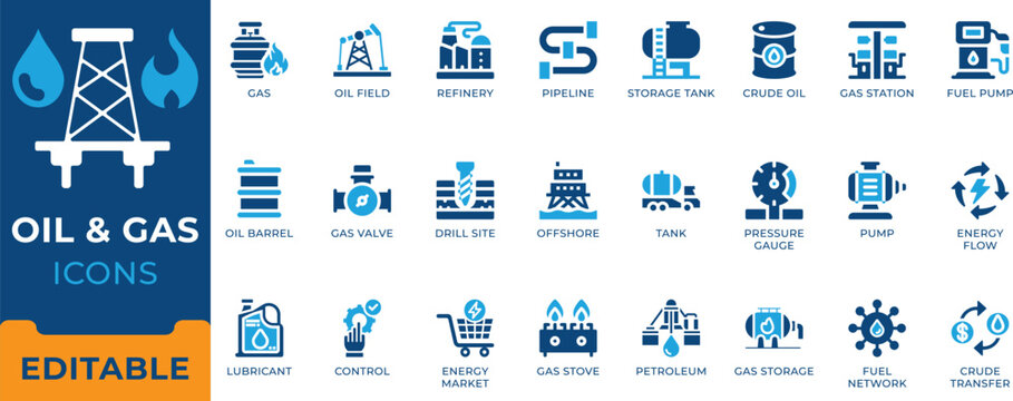 Oil and gas industry icon set. Petroleum refinery, crude oil barrel, fuel pump, pipeline, offshore drill site and vector symbols.
