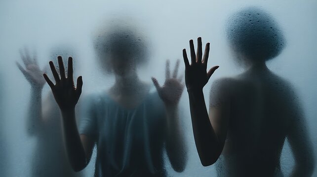 Silhouettes of people pressing their hands against a frosted glass surface