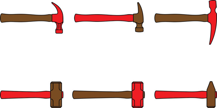 Set of different hammer types presented in a simple flat vector illustration with red and brown handles perfect for construction DIY and hardware concepts