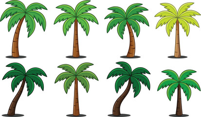 Obraz premium Cartoon Tropical Palm Tree Icon Collection Featuring Curved Exotic Coconut Palms for Summer Beach Vacation and Island Paradise Vector Illustration