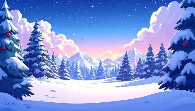 Snowy, bright cartoon landscape with pine trees, distant mountains, and pink-tinged clouds against a blue, starry sky
