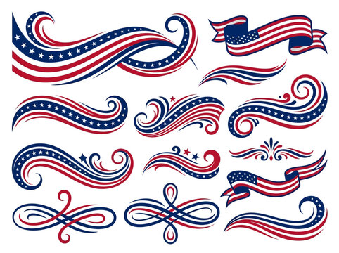 American flag elements vector illustrations of ribbons scrolls and decorations