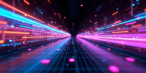 Blurred light trails from fast-moving cars create an abstract display of motion along an urban highway in the dark city at night © Alpha Designs