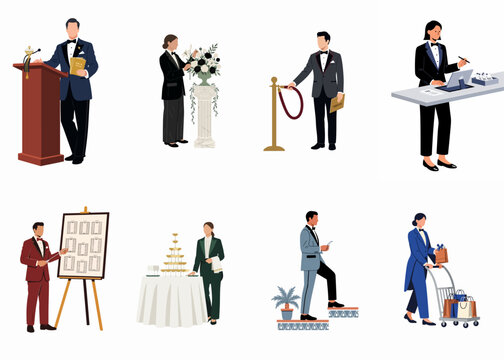 A set of diverse professional event staff in formal attire performing various roles for a luxury gala, celebration, or upscale party.