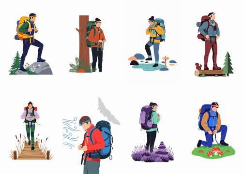 Collection of flat vector illustrations depicting various hikers and backpackers equipped with gear, exploring diverse outdoor natural environments.