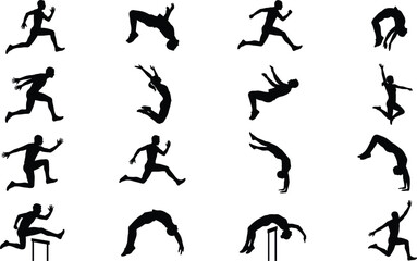 Fototapeta premium Athletic Jumping and Gymnastics Human Silhouette Collection with Running Acrobatics and Dynamic Sports Action Poses