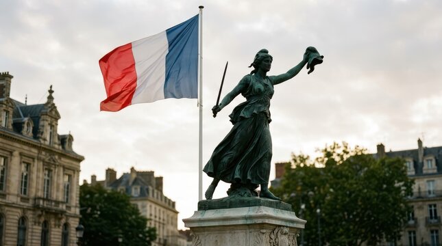 Statue of liberty holding a sword and a phrygian cap in front of the french flag