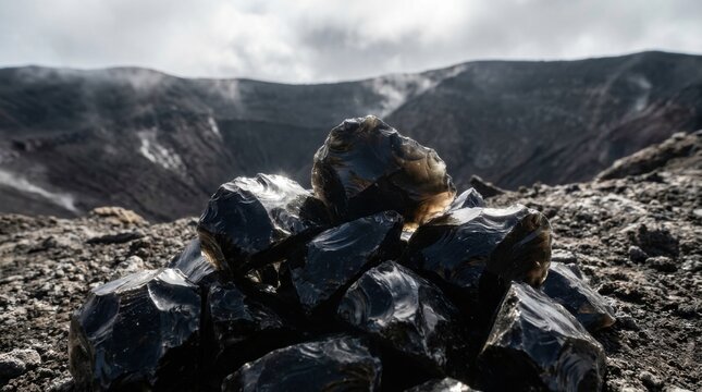 Pile of raw black obsidian rock fragments with sharp jagged edges and glassy luster situated on volcanic soil with a misty mountain crater and steam in the background.