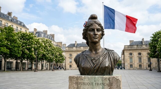 Bronze bust of marianne with the french flag in a parisian square