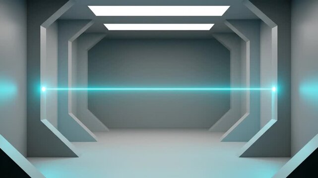 Futuristic sci-fi corridor with geometric walls and glowing lights.