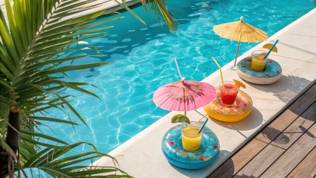 Tropical drinks float in a bright blue poolside setting