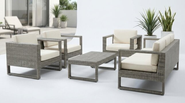 Gray woven synthetic rattan patio furniture set including three armchairs, a three-seater sofa, and a rectangular coffee table with off-white cushions on a white studio background.