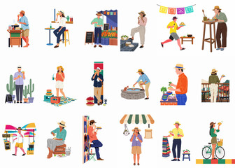 Fototapeta premium Collection of diverse people enjoying traditional Mexican street food and tacos in various vibrant settings, minimalist flat vector illustration.