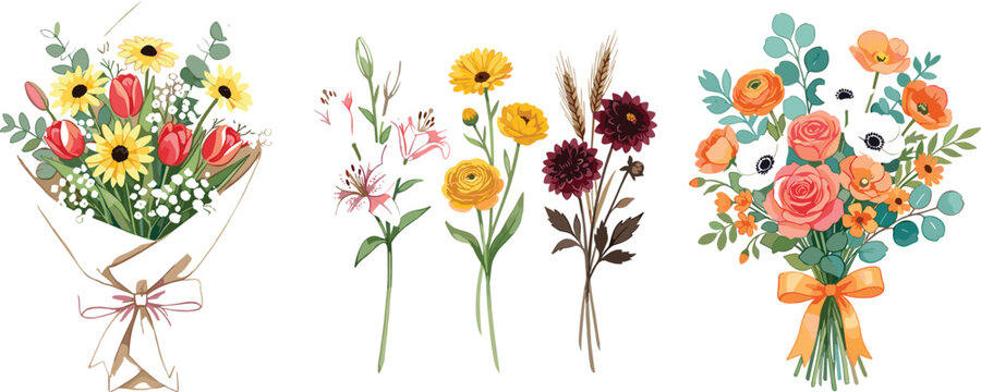 Watercolor Style Autumnal Flower Bouquets Collection Featuring Red Tulips Yellow Sunflowers Pink Lilies Marigolds Dahlias and Orange Roses Vector Illustration