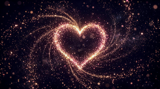 Golden Rose Particles Forming Heart in Deep Space - Romantic Valentine's Day Abstract Background